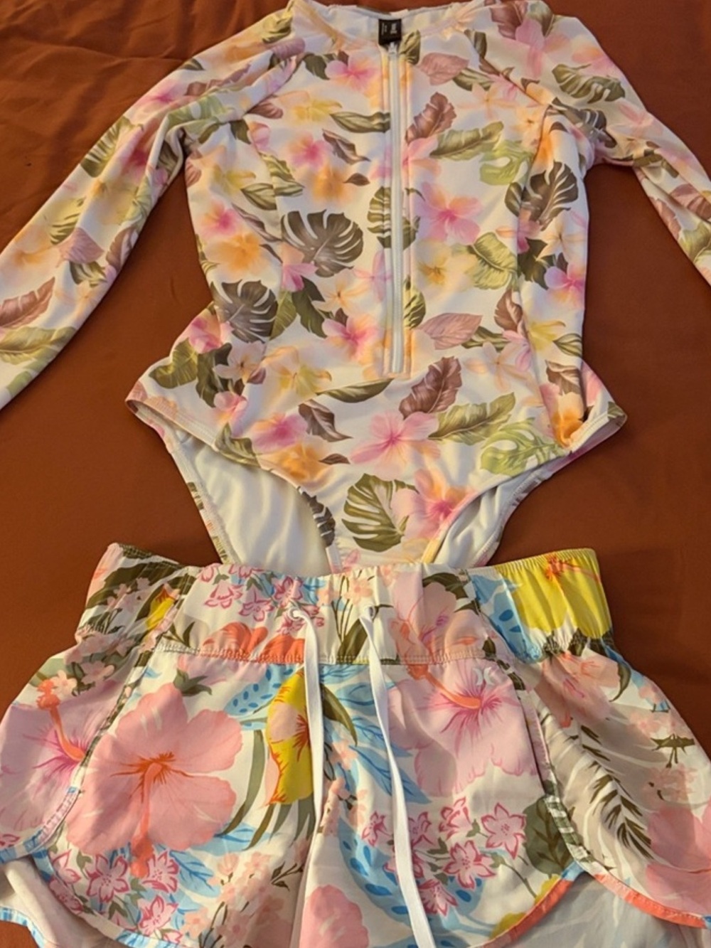 Hurley Floral Long-Sleeve Rash Guard & Swim Shorts - Pink, Yellow, Green